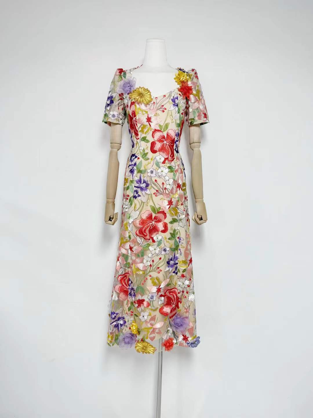 Square Neck Backless Mesh Embroidered Maxi Dress