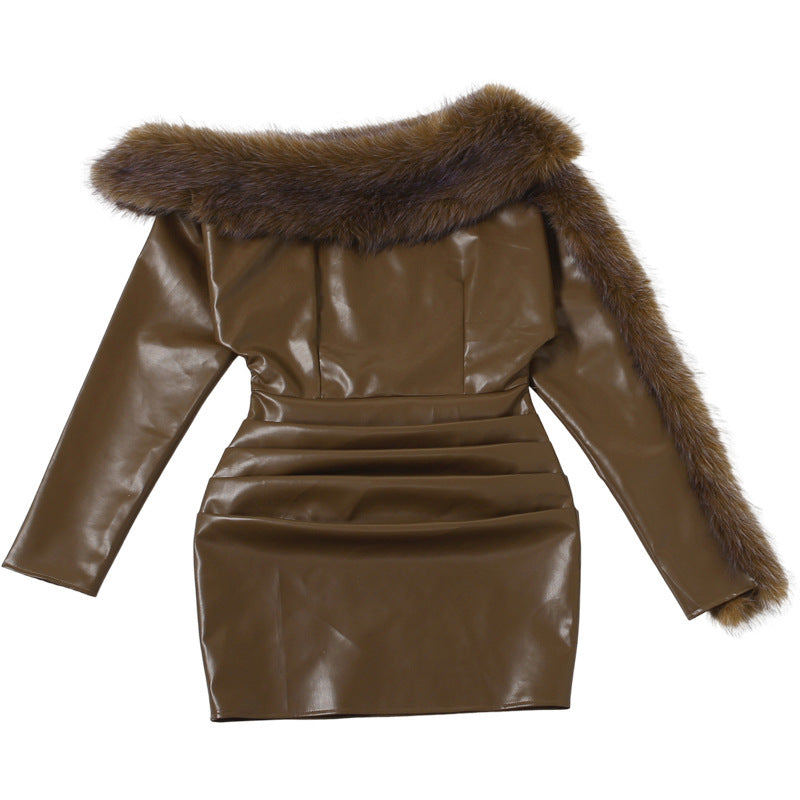 Leather Fur Collar Asymmetrical Mini Dress in Brown