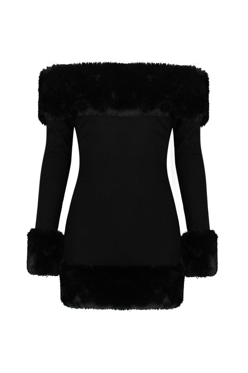 Black Long-Sleeve Off-Shoulder Mini Dress with Fuzzy Details