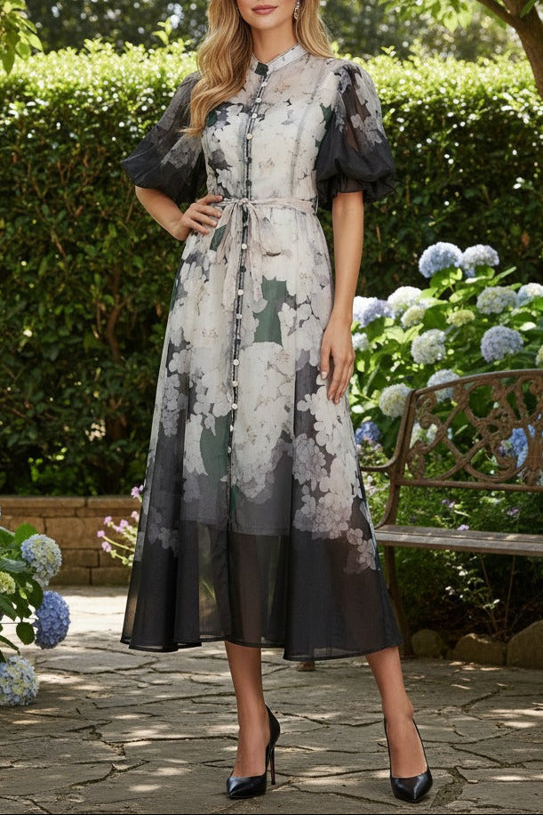 Pink Floral Print Mandarin Collar Maxi Dress