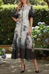 Pink Floral Print Mandarin Collar Maxi Dress