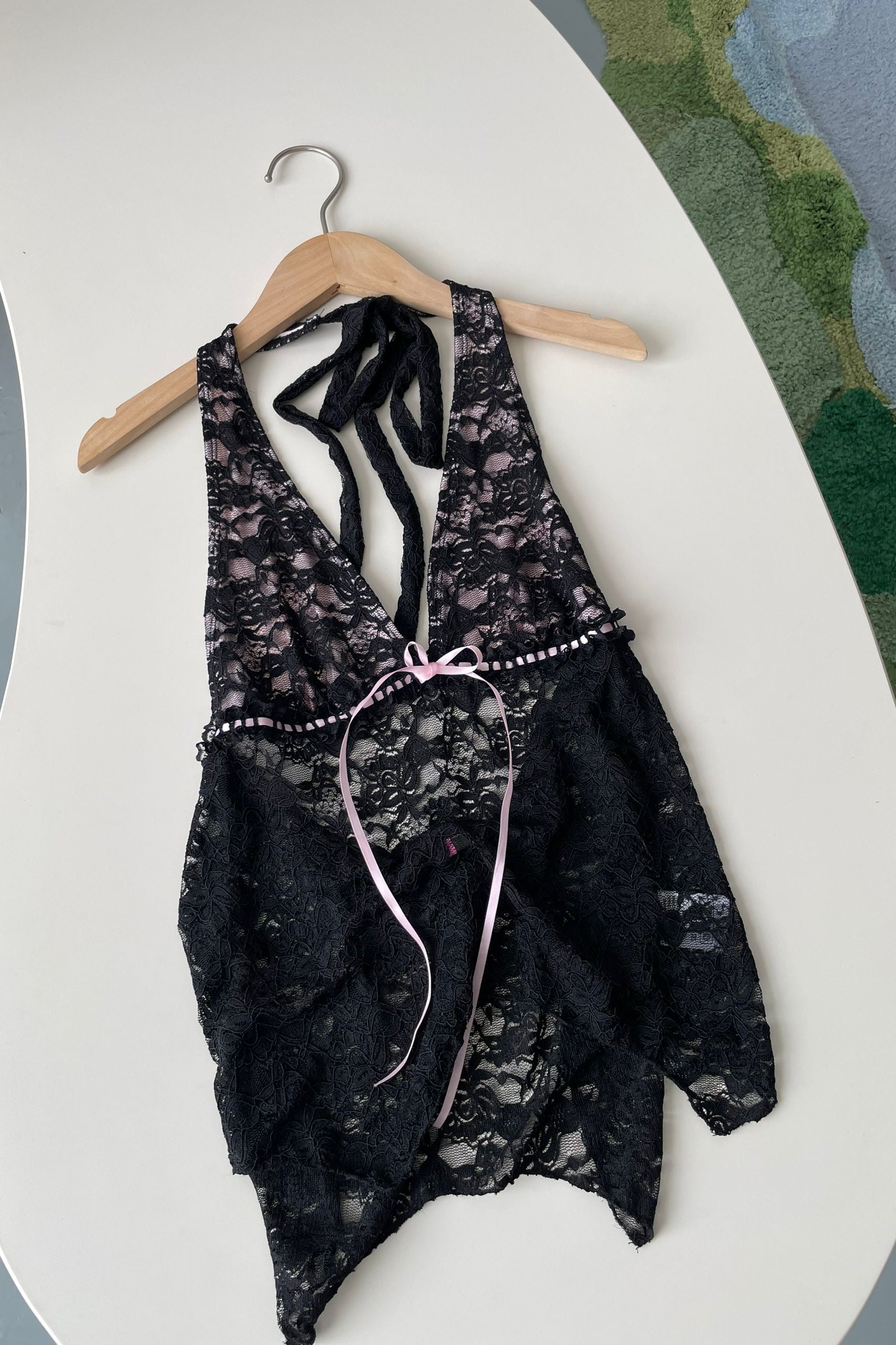 Backless Sheer Lace Halter Top in Black