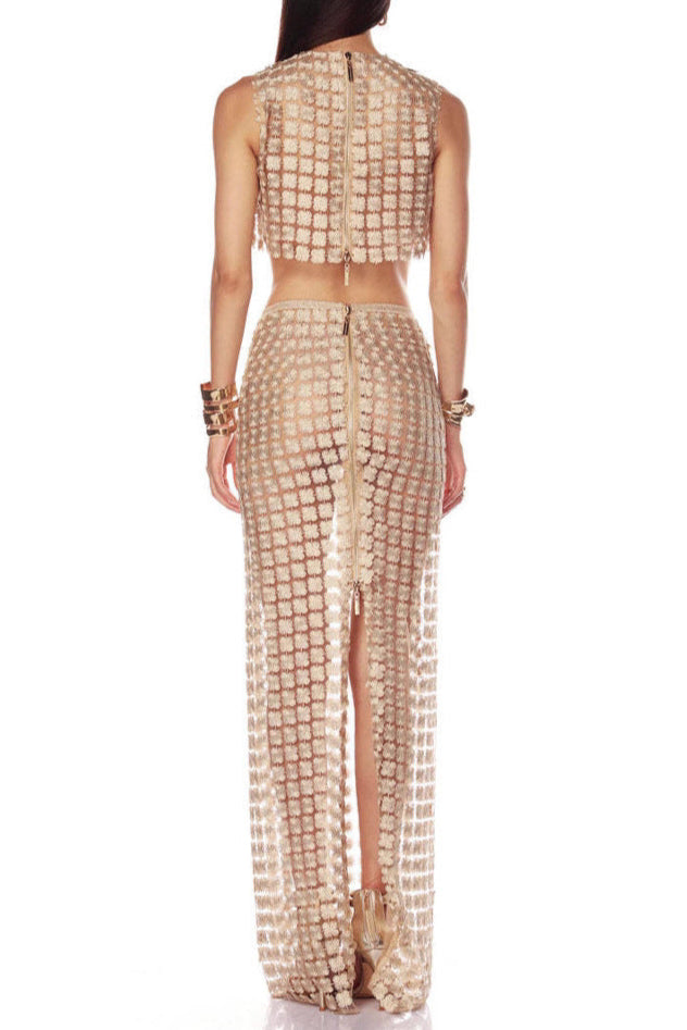 Sheer Plaid Maxi Skirt Two Piece of Set