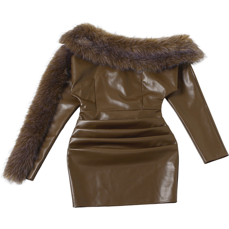 Leather Fur Collar Asymmetrical Mini Dress in Brown