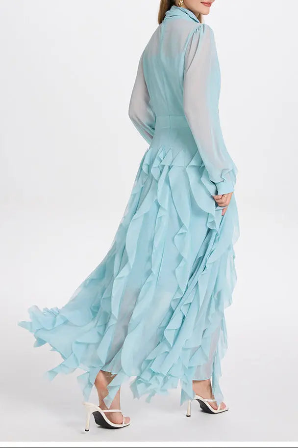 Blue Neck Ruffle Maxi Dress