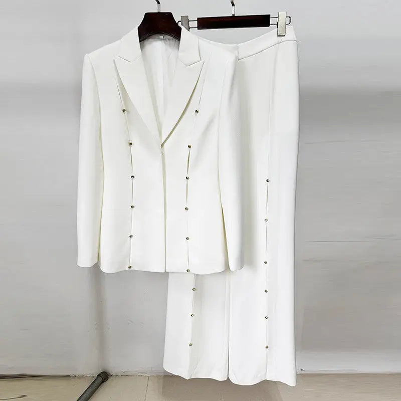 Diamond Hollow Out Blazer Set in White