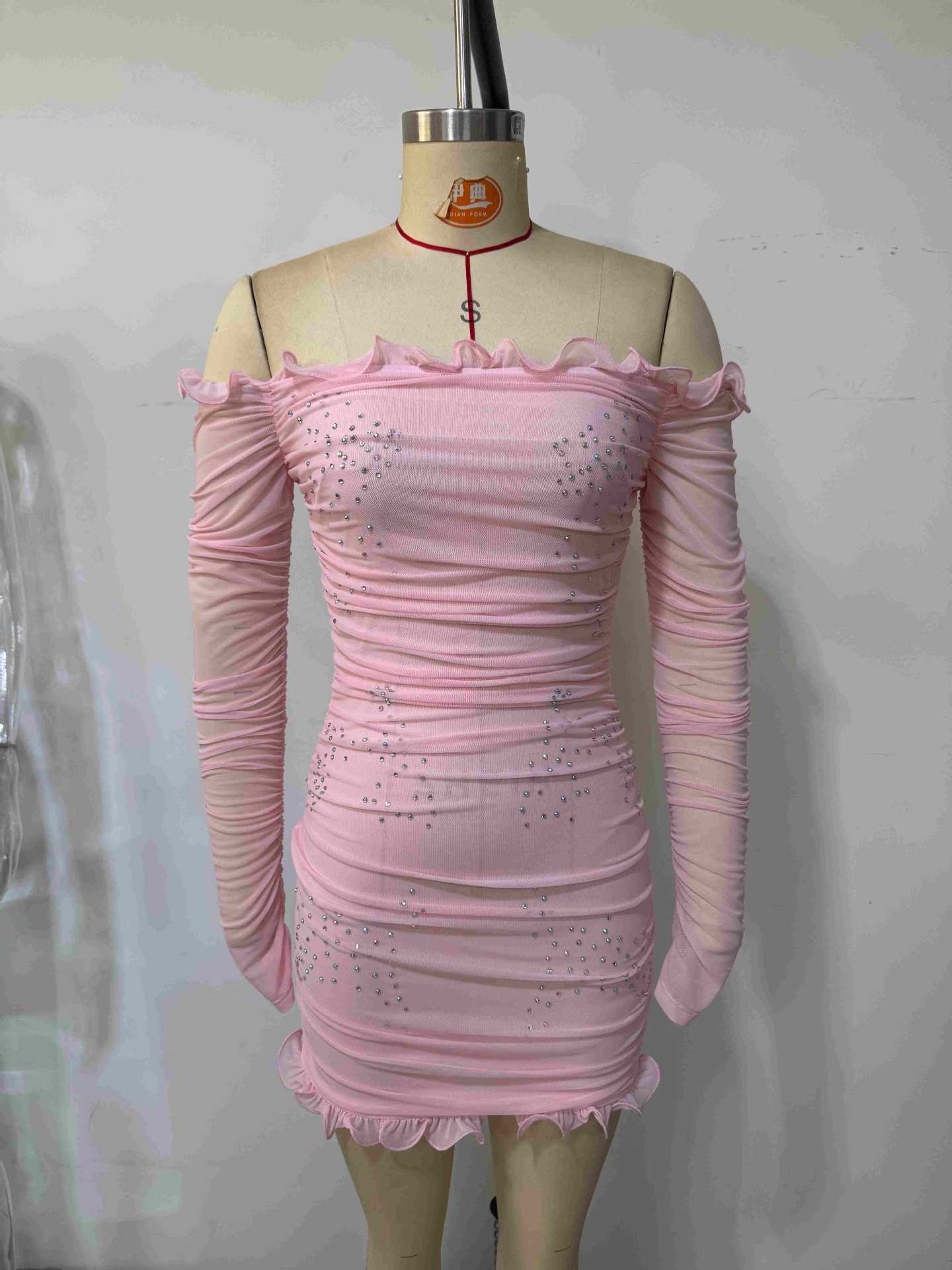 Pink Off-Shoulder Bodycon Beads Mini Dress