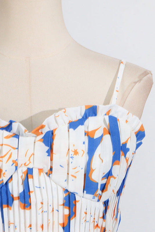 Floral-Print Linen Bustier Top Skirt Set in Blue