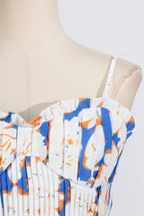 Floral-Print Linen Bustier Top Skirt Set in Blue