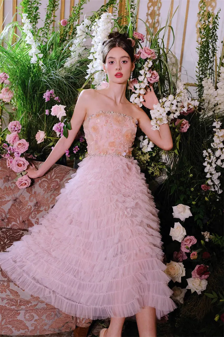 Pink Princess Ruffle Midi Floral Embroidery Dress