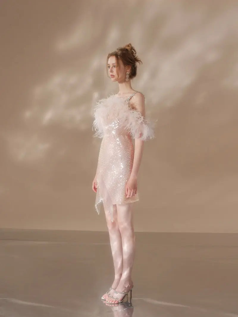 Feather Crystal-Strap Mini Dress in Pink