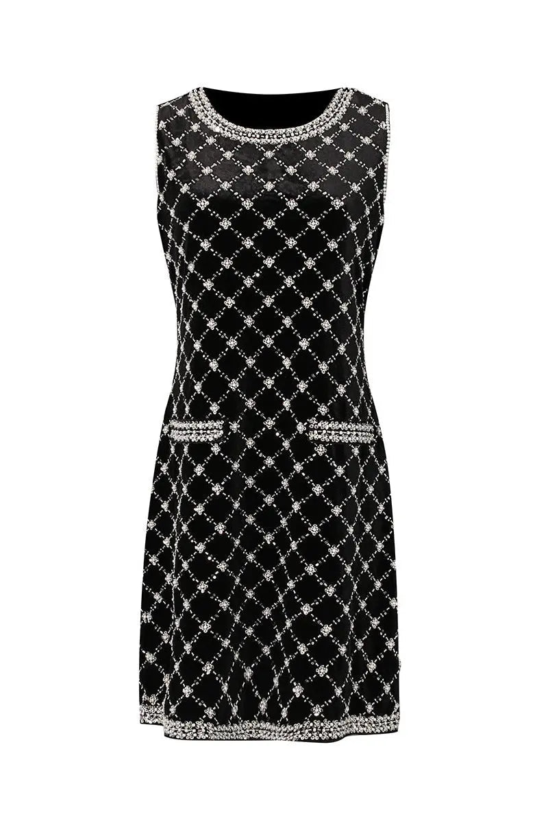 Black-white Plaid Diamond Sleeveless Mini Dress