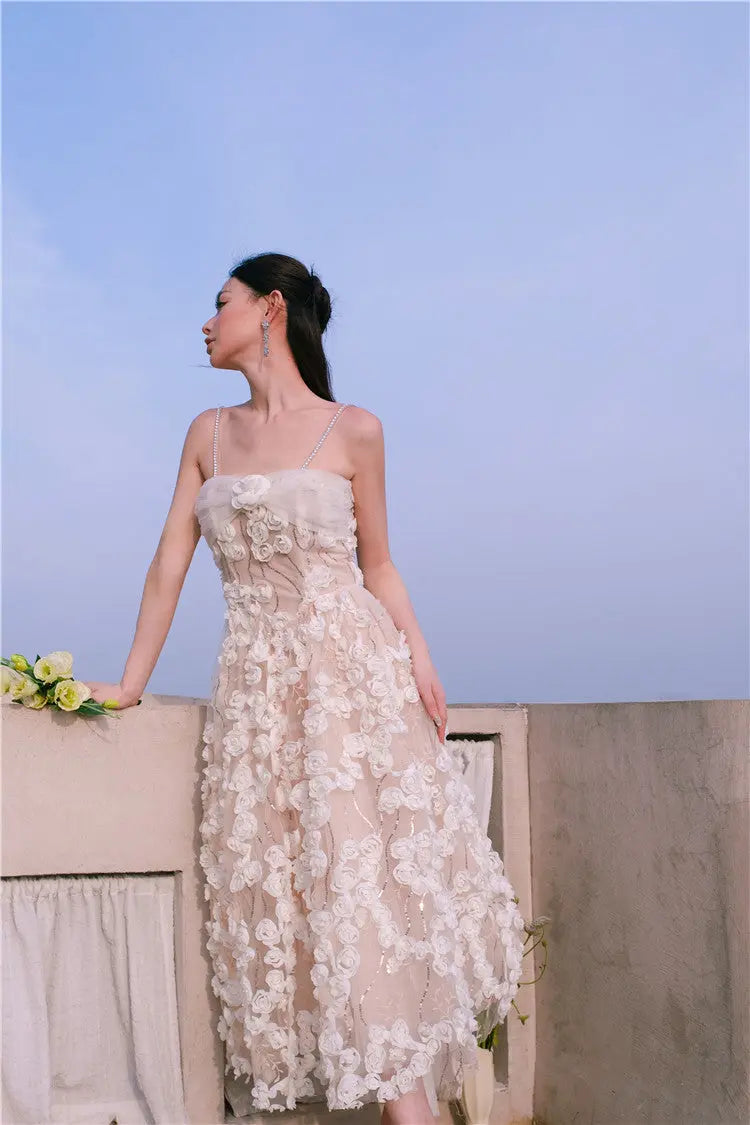 Leah White/Beige Sleeveless Flower Dress