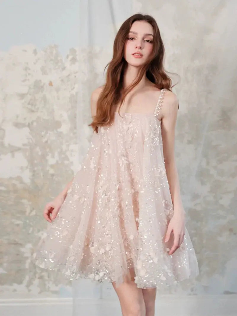 Pink Flower Embroidered Sequin Doll Party Dress