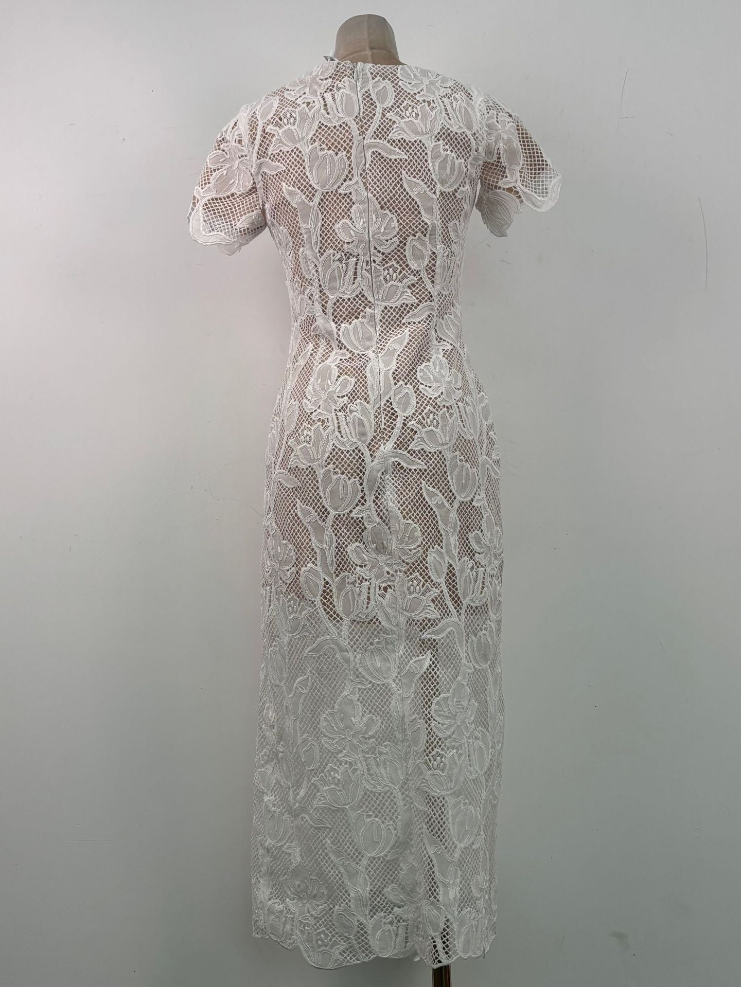 Floral Hollow Lace Midi Dress - White