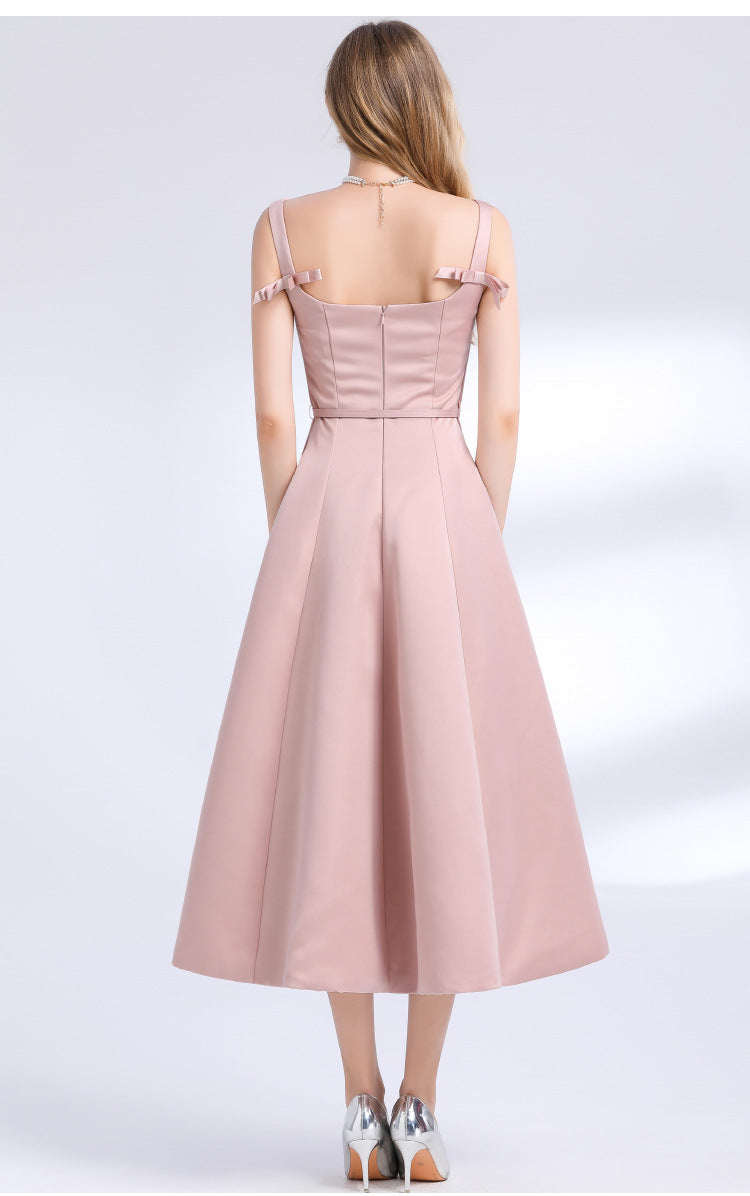 Square Neck Satin Slip Midi Dress - Pink