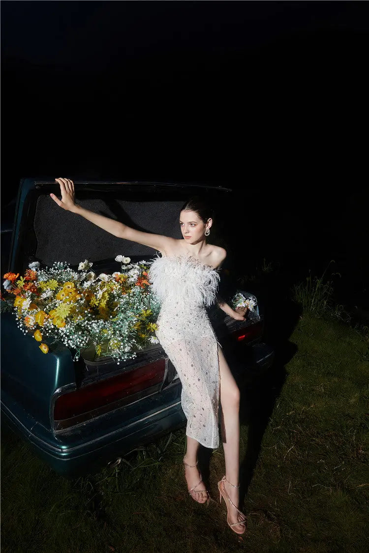 White Haute Couture Feather Sequin Dress