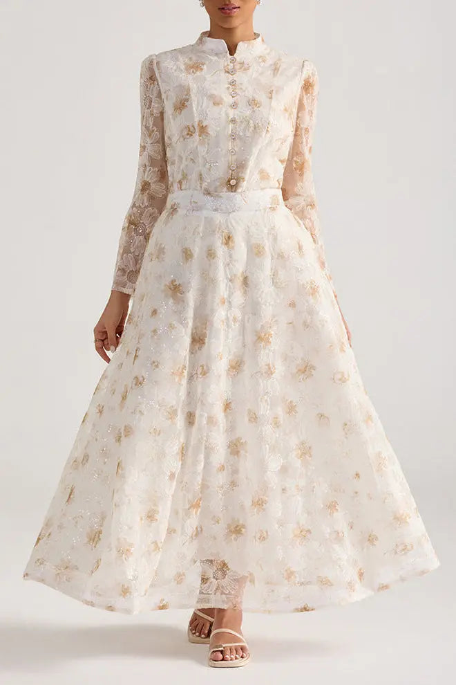Yellow Floral Embroidered Long-Sleeve Top Skirt Set