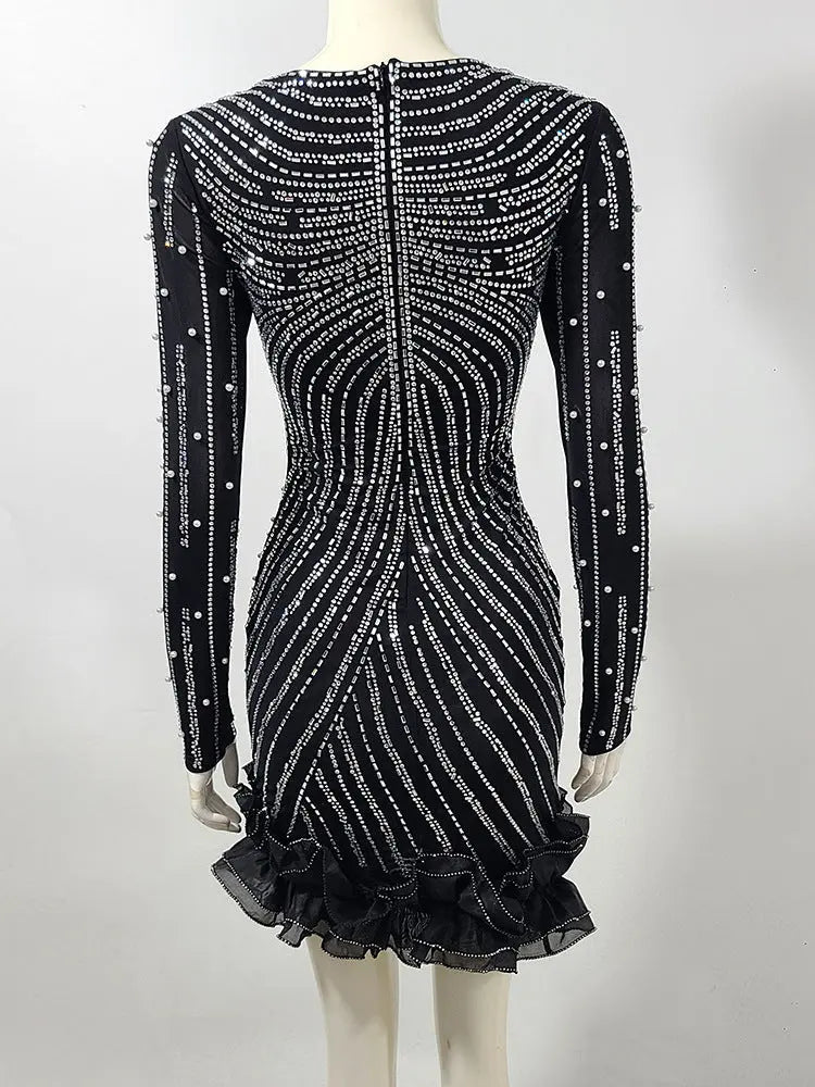 Black Crystal Embellished Flutter Trim Mini Dress