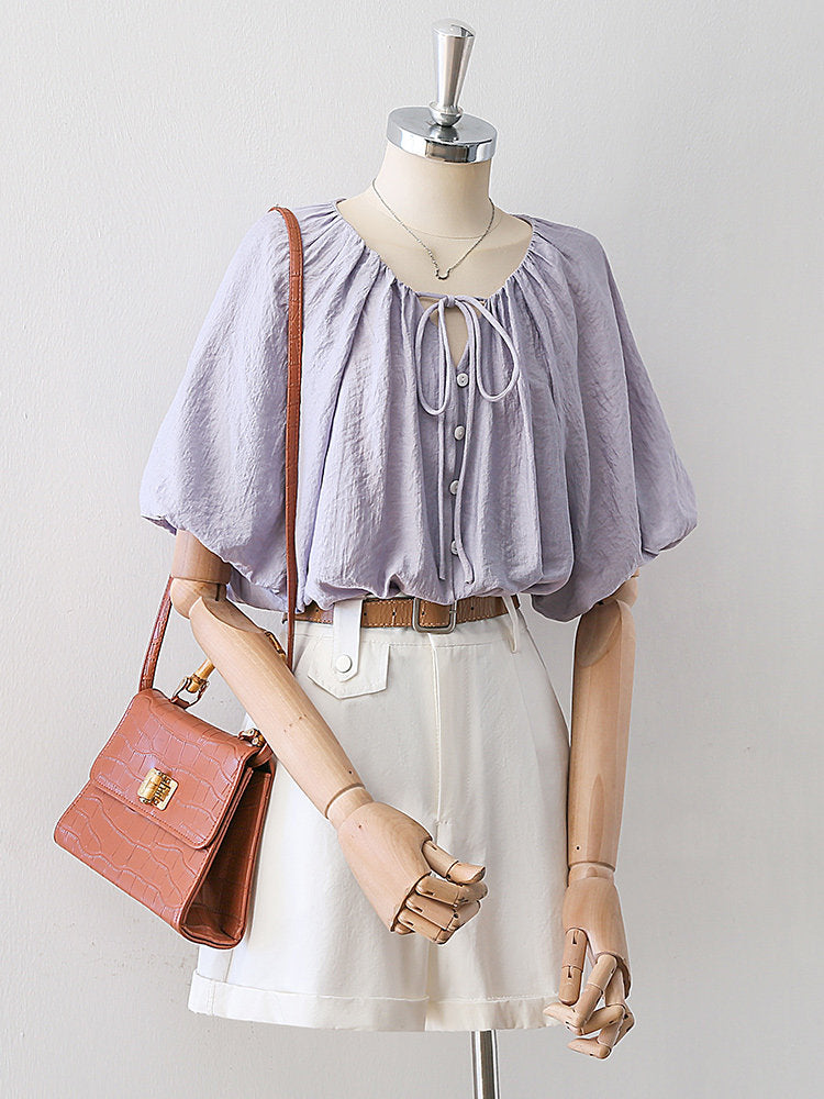 Drawstring Neck Dolman Batwing Short Sleeve Blouse