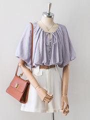 Drawstring Neck Dolman Batwing Short Sleeve Blouse
