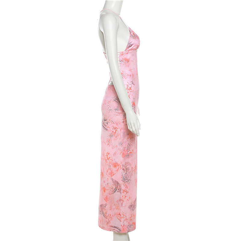 Printed Strappy Backless Plunge Sheath Slip Maxi Dress