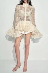 Mesh Lace Ruffled Sleeve Shirt Dress Shorts Set