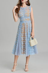 3D Embroidered Lace Mesh Midi Dress in Blue