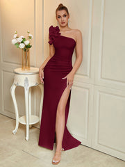 Floral One Shoulder Ruched Split Prom Dress