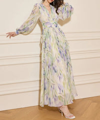 V-Neck Floral Print Lantern Sleeve Maxi Dress