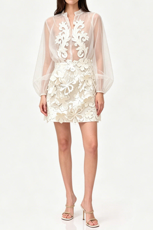 Floral Sheer Organza BlouSequin & Mini Skirt Set - White
