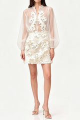 Floral Sheer Organza BlouSequin & Mini Skirt Set - White