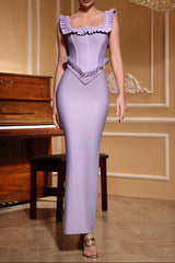 Embellished Square Neck Ruffle Bodycon Maxi Dress - Purple