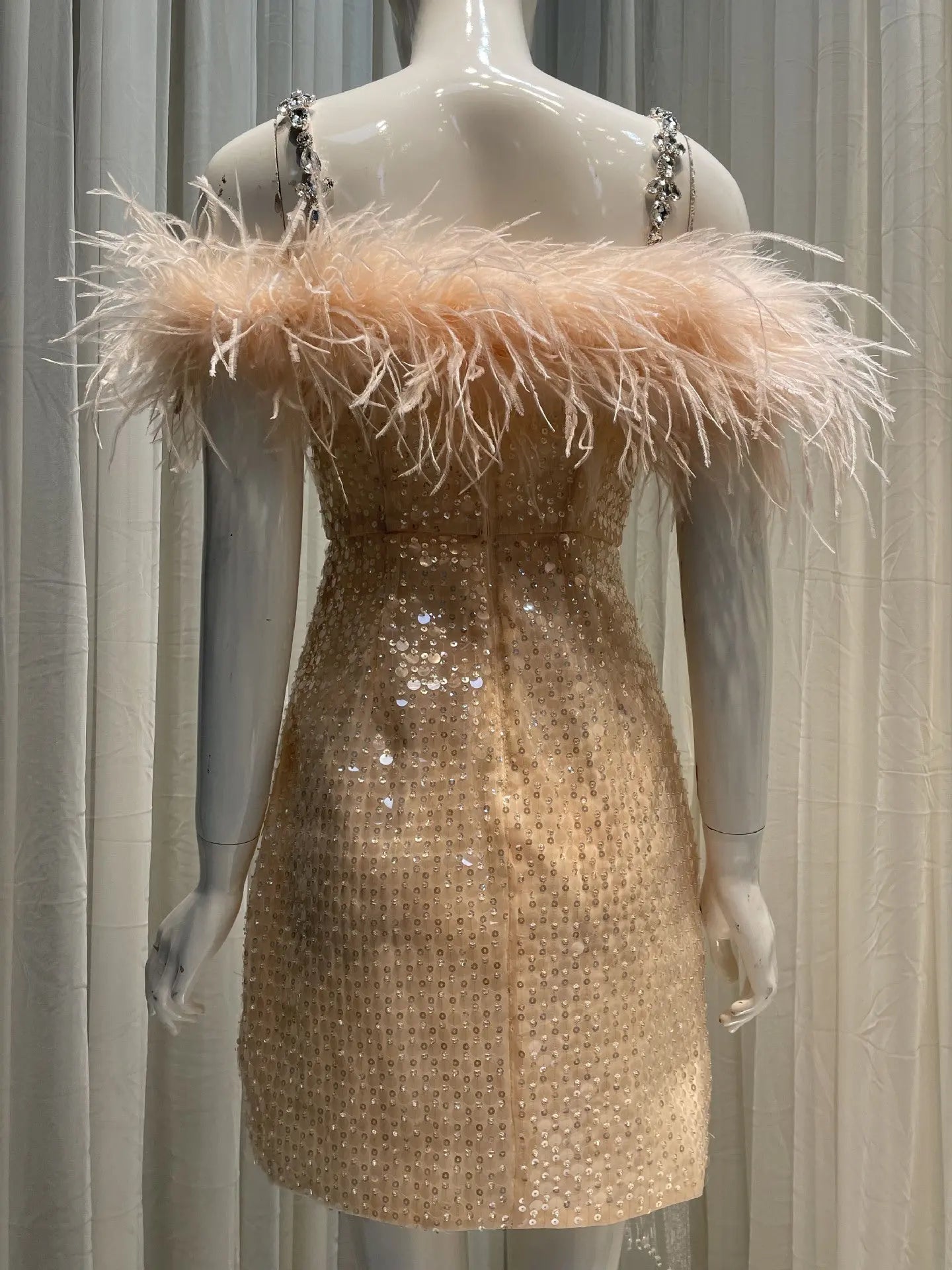 Feather Crystal-Strap Mini Dress in Pink