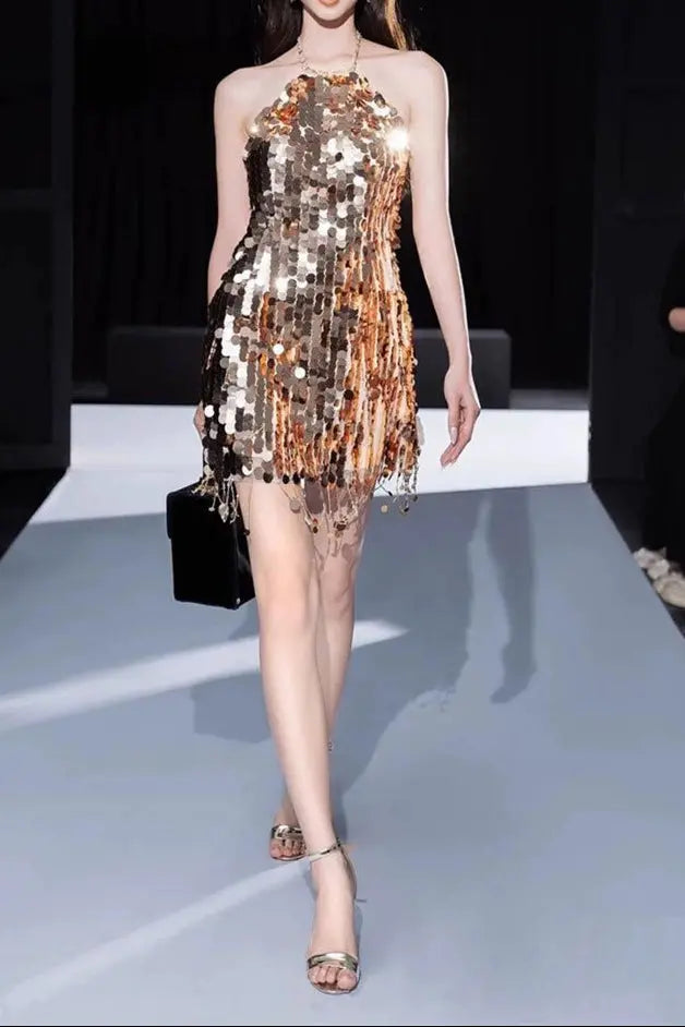 Halter Sleeveless Sequin Mini Dress in Gold