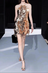 Halter Sleeveless Sequin Mini Dress in Gold