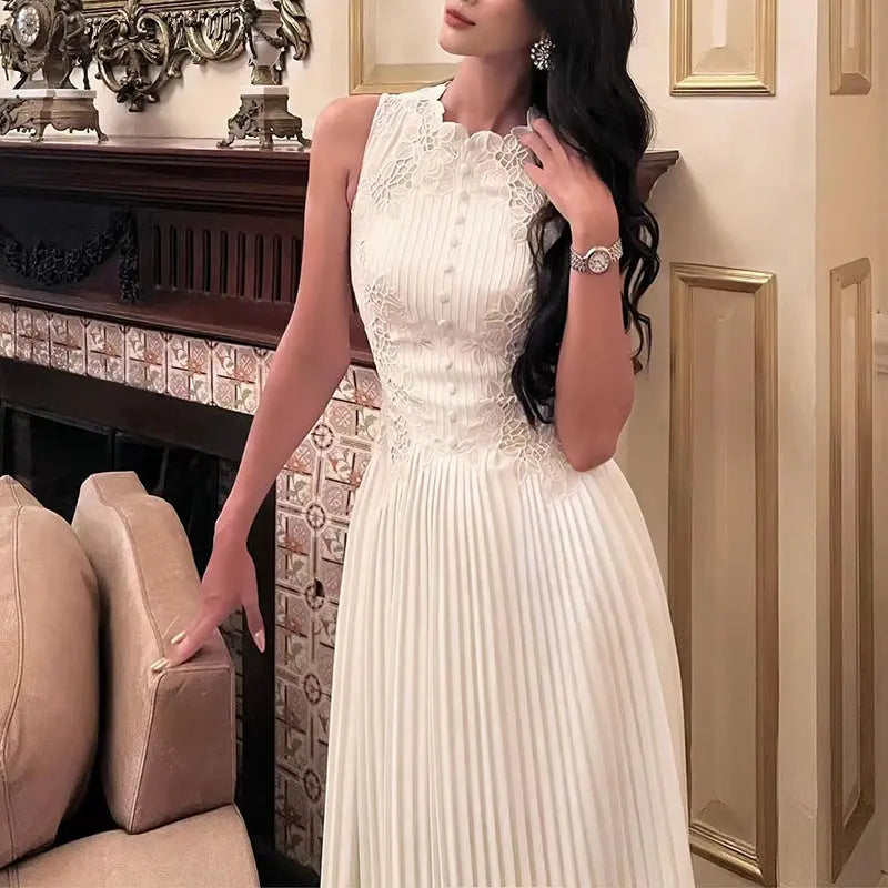 Lace Embroidery Midi Dress in White