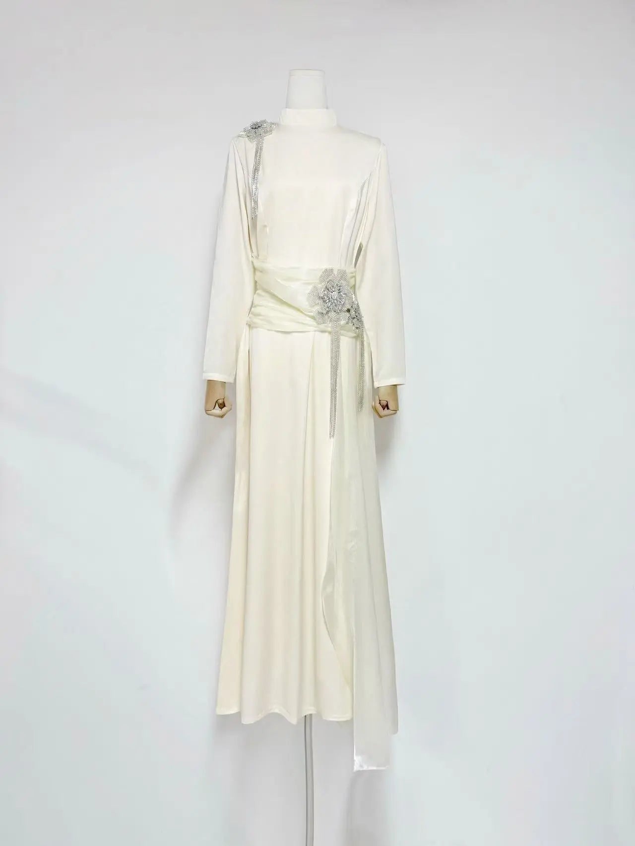 Crystal Flower Long-Sleeve Lace Maxi Dress in Apricot