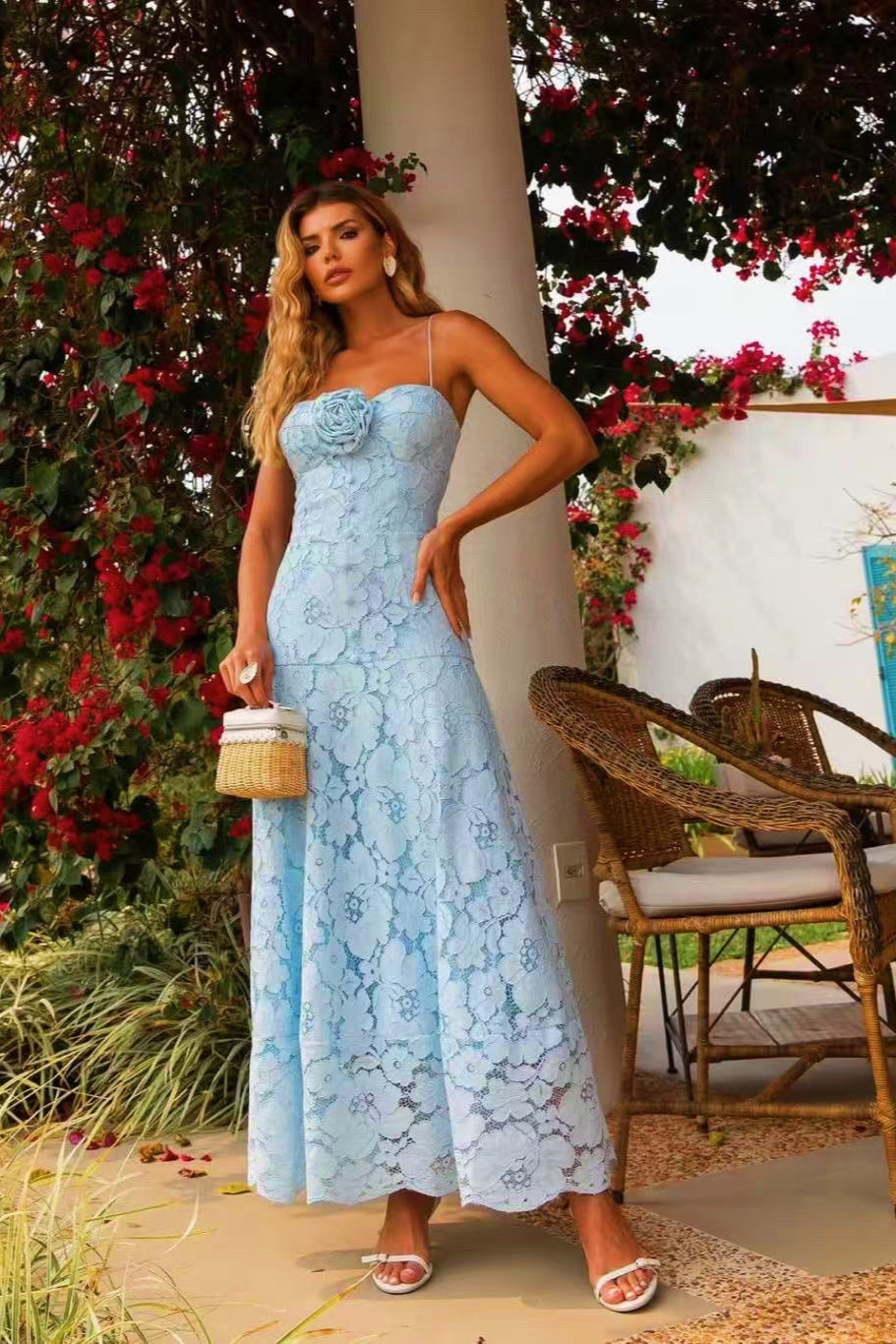 Hollow Out Sleeveless Maxi Dress in Blue