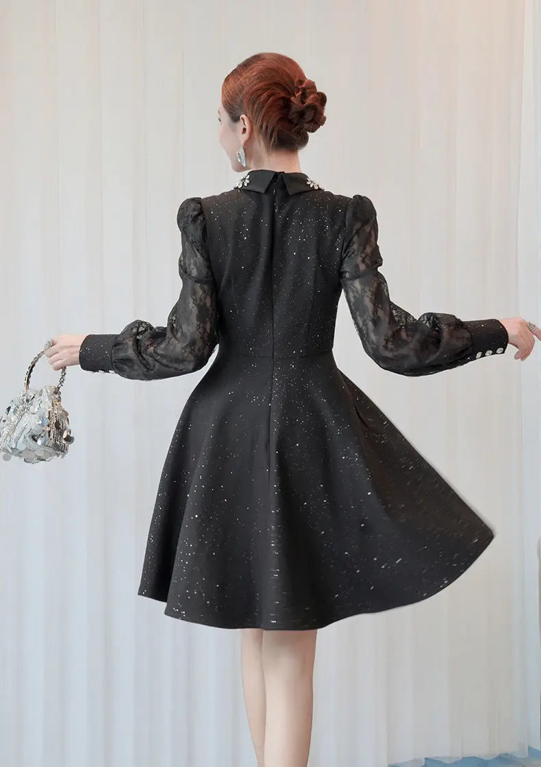 Black Rhinestone Collar Neck Lace Hollow Sleeve Mini Dress