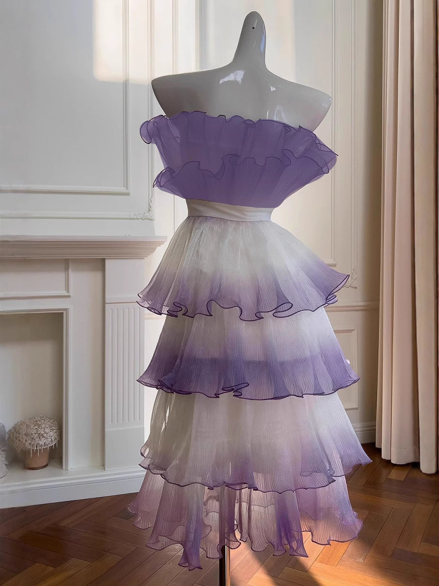 Purple Gradient Ruffle Trim Layered Mini Dress