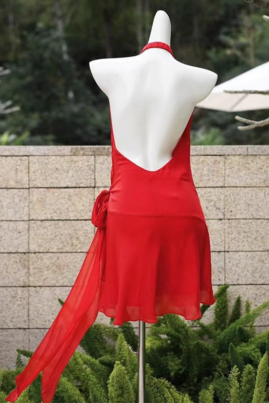 Halter Backless V-Neck Sleeveless Lace-Up Mini Dress in Red