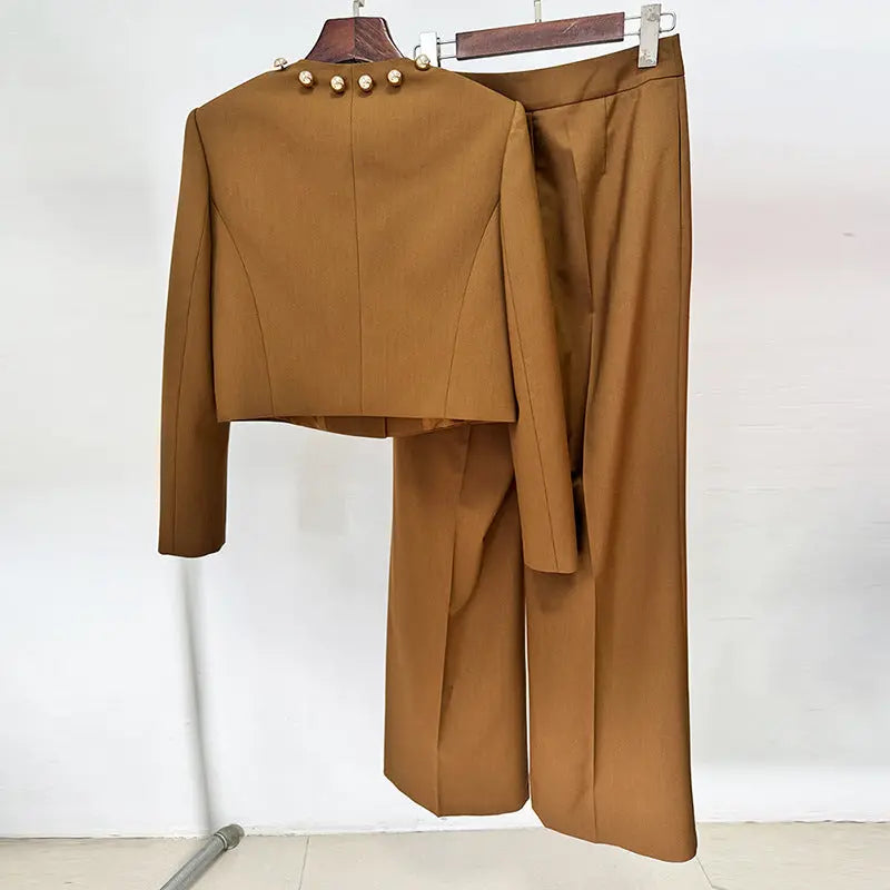 Brown Button-Decorated Short Jacket Two-Piece Set