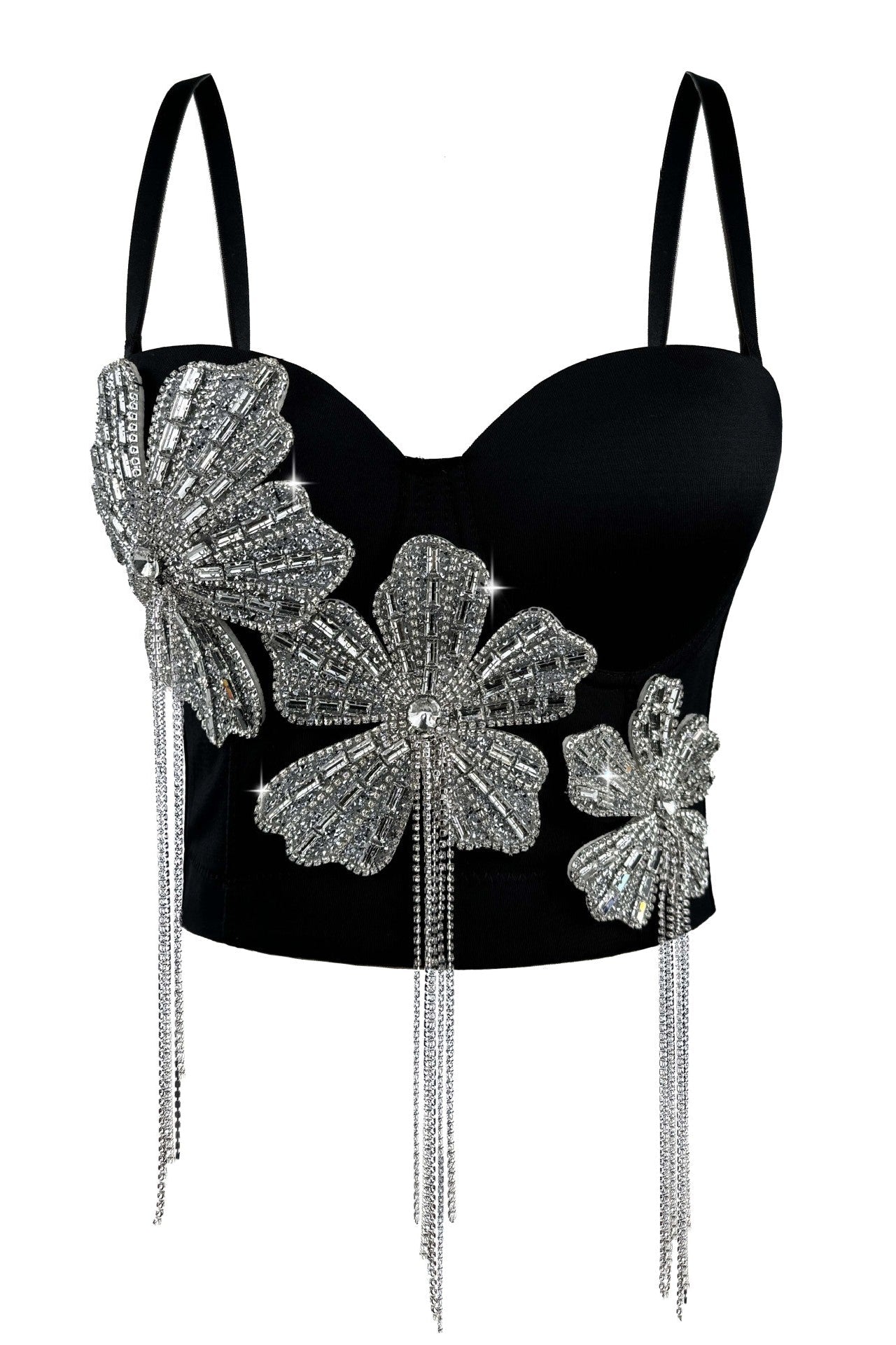 Strap 3D Rhinestone Flower Fringe Corset Bustier Top