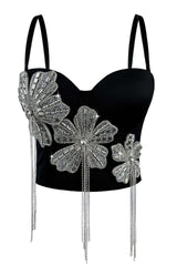 Strap 3D Rhinestone Flower Fringe Corset Bustier Top