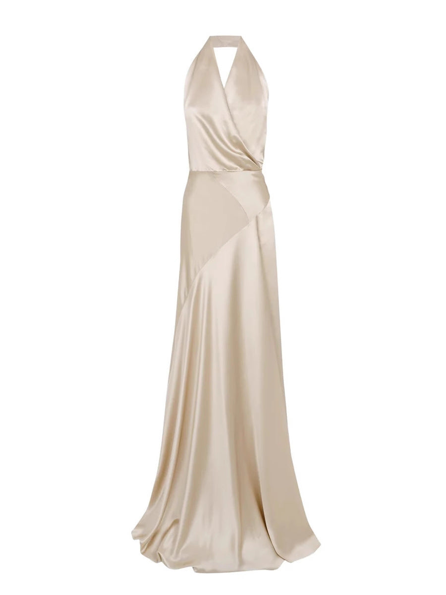 Champagne Crepe Bias-Cut Satin Halter Maxi Dress