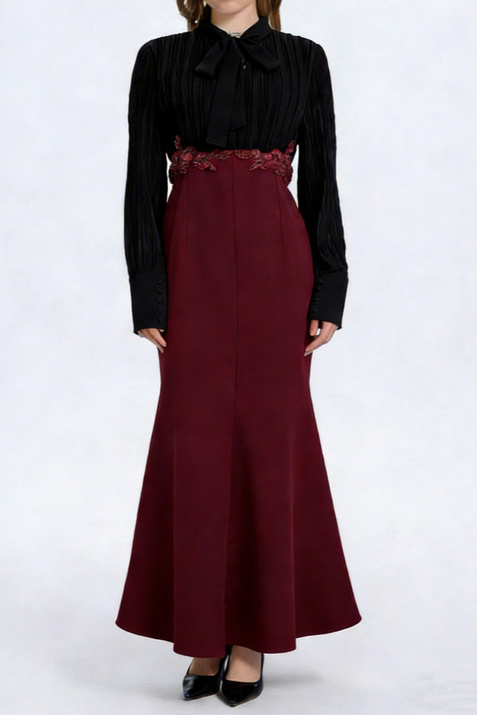 Sleeve Ruched Tie Up Midi Dress - Black & Red