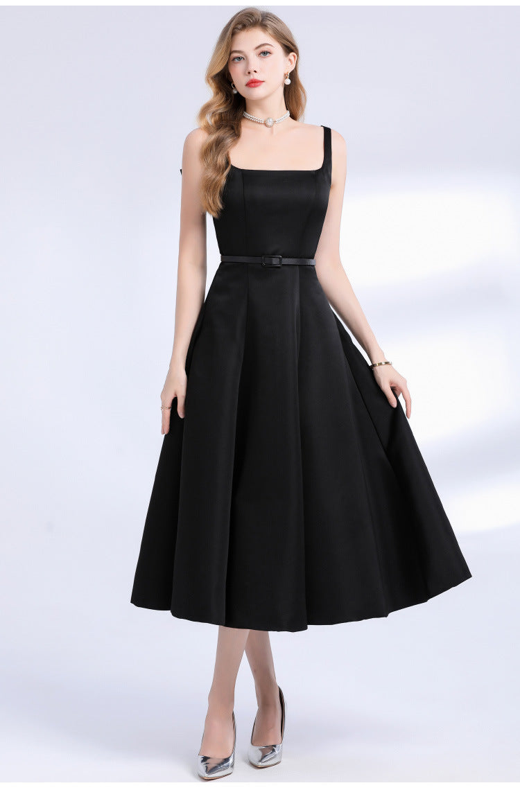 Square Neck Satin Slip Midi Dress - Black