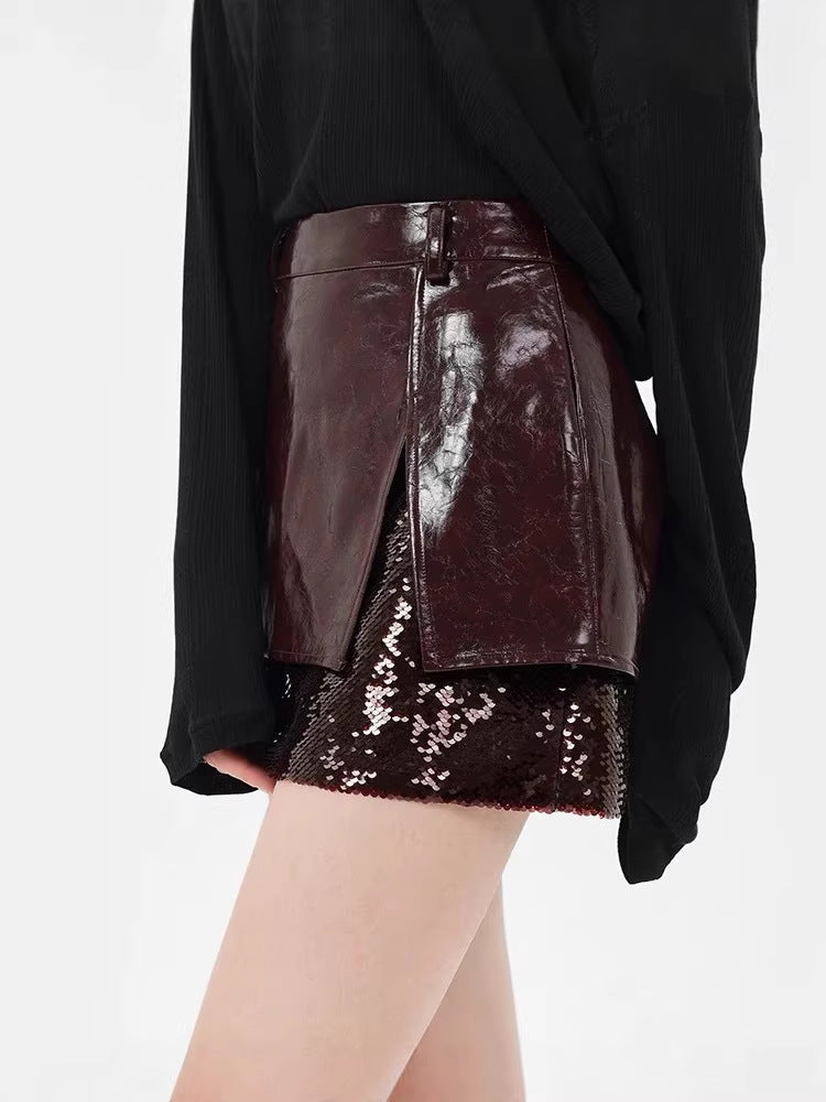 Sequin Embellished Leather Mini Skirt in Burgundy