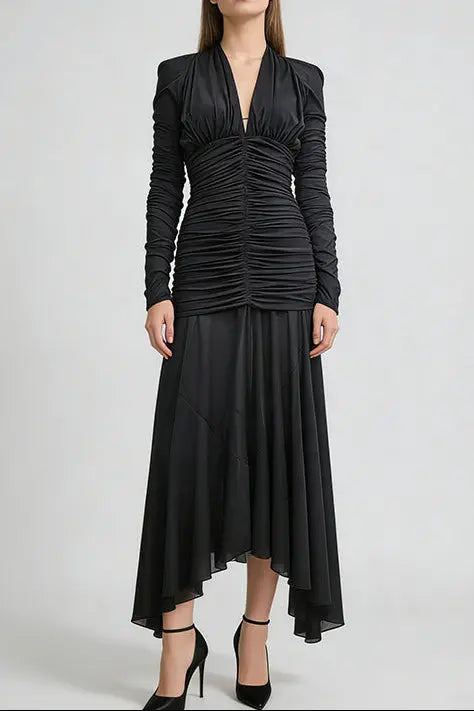 V-Neck Ruched Long-Sleeve Maxi Dress in Black